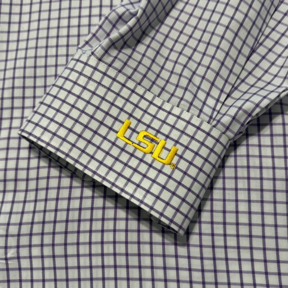 Peter Millar Shirt Mens Large Purple White Check Button Down LSU Embroidered